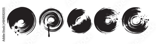 Six black brushstroke circles display various artistic textures and dynamic patterns, creating a modern and expressive graphic design element.