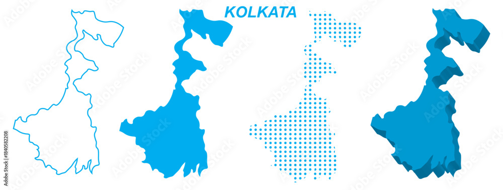 Obraz premium Kolkata Map Vector Set, India Outline Silhouette Dotted 3D Solid Shapes, Kolkata City Infographic Template, Editable EPS Kolkata Geography