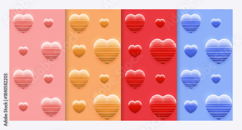 A set of four repeating patterns featuring 3D striped hearts