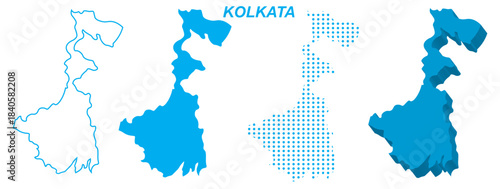 Kolkata Map Vector Set, India Outline Silhouette Dotted 3D Solid Shapes, Kolkata City Infographic Template, Editable EPS Kolkata Geography