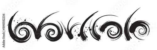 Dynamic black ink brushstrokes create a series of artistic swirls and textured elements, conveying a modern grunge aesthetic suitable for various design projects.