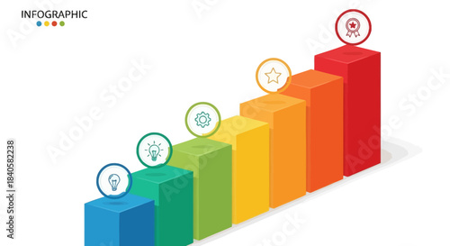 Colorful 3D Bar Chart Infographic with Five Steps and Icons.