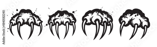 Four aggressive monster claws with sharp talons are depicted in a grunge style illustration with ink splatters, conveying a sense of danger and power.