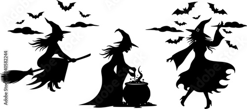 Black and white witch silhouettes flying on broomstick, stirring cauldron, and dancing with bats under moonlight for Halloween vector illustration 