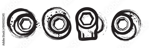 Wrench sockets and hexagonal shapes are depicted in a grunge, brush stroke style, featuring distressed textures and ink splatters, perfect for mechanical or industrial design.