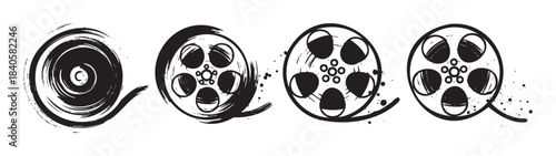 Stylized black and white film reels with a grunge brushstroke texture illustrate the captivating art of cinema, filmmaking, and movie production in a vintage aesthetic.