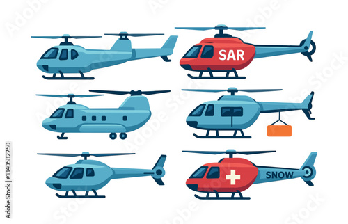 Helicopter collection, rescue and transport, flat vector illustration