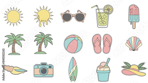 Colorful flat lay of various summer icons including sunglasses, beach ball, and ice cream on a white background with a playful and vibrant mood.