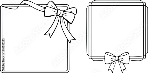 Handcrafted square frame wrapped with ribbon and bow in bold romantic outline for celebration themes