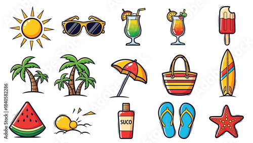 Flat lay illustration of various summer icons on a clean white background with bright colors.