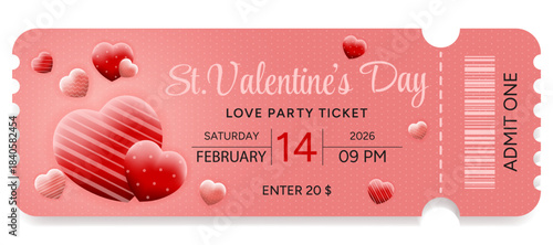 A vibrant Valentine's Day ticket with hearts on a pink polka dot