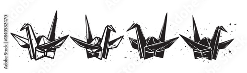 Four black origami paper cranes are depicted in a stylized graphic illustration with a grunge splatter effect, symbolizing peace and hope.