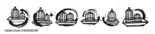 Birdcages artistic hand drawn ink style illustration set featuring multiple decorative cages with expressive brushstrokes and splatters.
