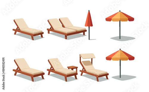 Beach chairs and umbrellas set, summer relaxation, flat vector illustration
