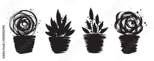 Stylized potted plants in a modern artistic brush stroke style, creating a unique graphic illustration with abstract floral and botanical elements.