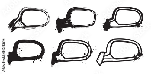 Car side mirrors are depicted in a collection of six stylized brushstroke illustrations with a grunge ink splatter effect, offering a unique artistic graphic design.