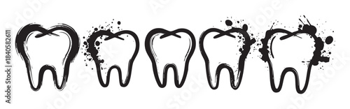 Five stylized dental teeth illustrations with artistic brush strokes and grunge splatter effects, representing oral health and decay concepts.