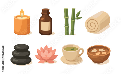 Spa and wellness objects, candle, lotus, flat vector illustration, relaxation