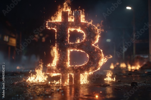 Burning Bitcoin Cryptocurrency on Dark Background