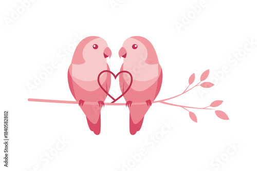 Pink lovebirds couple forming heart on branch vector illustration