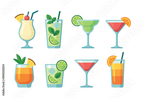 Cocktail drinks collection, margarita, mojito, flat vector illustration