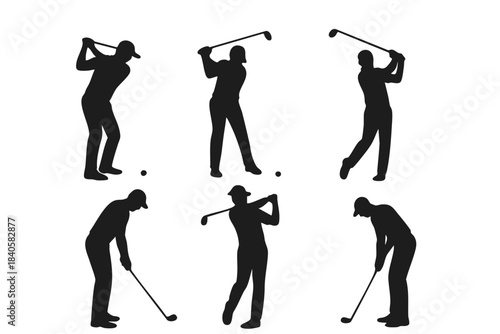 Set of black golfer silhouettes in various swing poses for sports design and branding, Collection of golf player vector silhouettes showing stance, swing, and putting positions in modern style