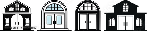 Hotel entrance icon using bold symmetric doorway and window shapes creating clean modern architectural illustration