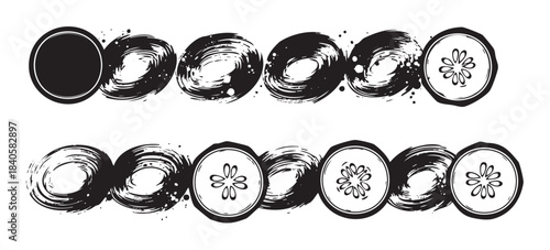 Grunge circles and cucumber slices form a decorative border pattern with a hand-drawn, brushstroke style, perfect for organic and fresh designs.