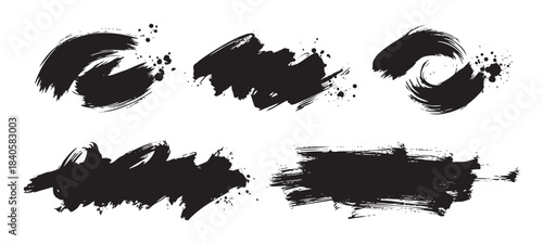 Black ink brush strokes set with various artistic textures and grunge splatters, perfect for adding a dynamic and expressive touch to any creative design project.
