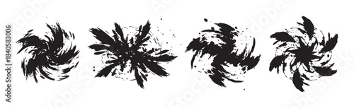 Abstract black ink brush strokes create a set of four dynamic, swirling, and expressive graphic design elements with a grunge texture.