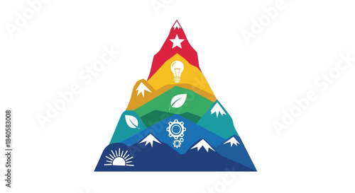 Colorful Mountain Peak with Symbolic Icons Representing Growth and Achievement.