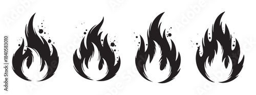 Four stylized fire flame icons with dynamic black and white designs, featuring abstract shapes and subtle spark details in a collection.