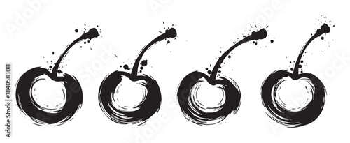 Four black cherries with artistic brushstroke texture and dynamic ink splatters create a unique and expressive fruit design, perfect for various creative projects.