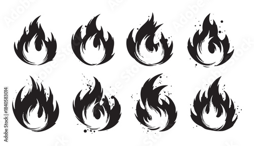 Fire flame icons set of eight stylized artistic brushstroke designs representing heat, energy, passion, and danger for various graphic design projects.