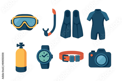 Diving gear vector illustration, snorkeling, wetsuit, flat vector style design