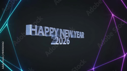 Happy New Year 2026 3D Beveled Text Extrusion & Rotation Over a Glowing Cyan Magenta Wireframe Grid, New Year Celebration video, New Year 2026 wishes, Happy New Year video, New Year Decoration video