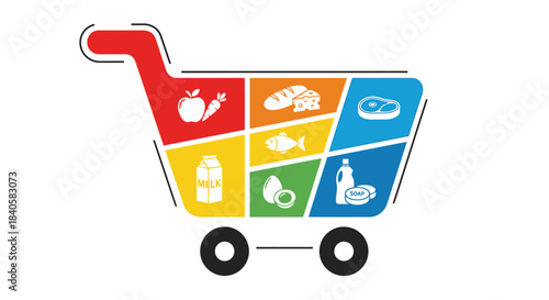 Colorful Shopping Cart Filled with Assorted Groceries and Food Items.
