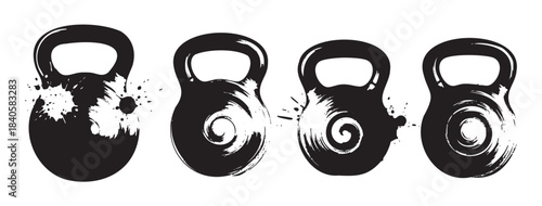 Four black kettlebells with artistic grunge brush strokes are dynamically depicted in a row, showcasing a powerful and energetic fitness concept for strength training.