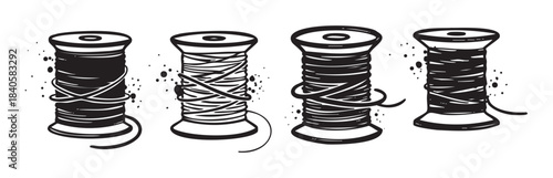 Four spools of thread with varying amounts of yarn are depicted in a hand-drawn, black and white illustration style, perfect for craft and sewing projects.