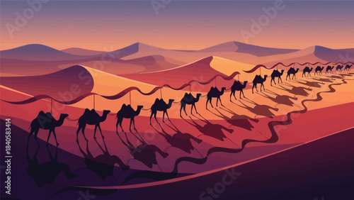 Silhouette of a camel caravan traversing sand dunes in a desert landscape during sunset with warm orange hues and distant mountains.