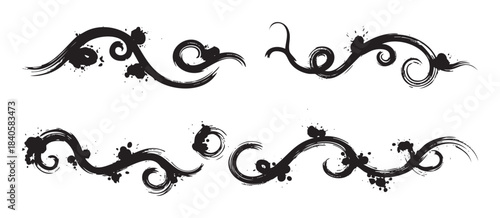 Decorative brush stroke elements with artistic grunge style and ink splatters create a versatile set of hand-drawn vector dividers and borders.