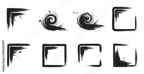 Brush stroke elements, frames, corners, and swirls create a dynamic collection of artistic ink textures and decorative design components.