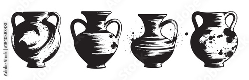 Ancient pottery vases with artistic brushstroke textures showcasing a collection of traditional amphora designs in a monochromatic illustration style.