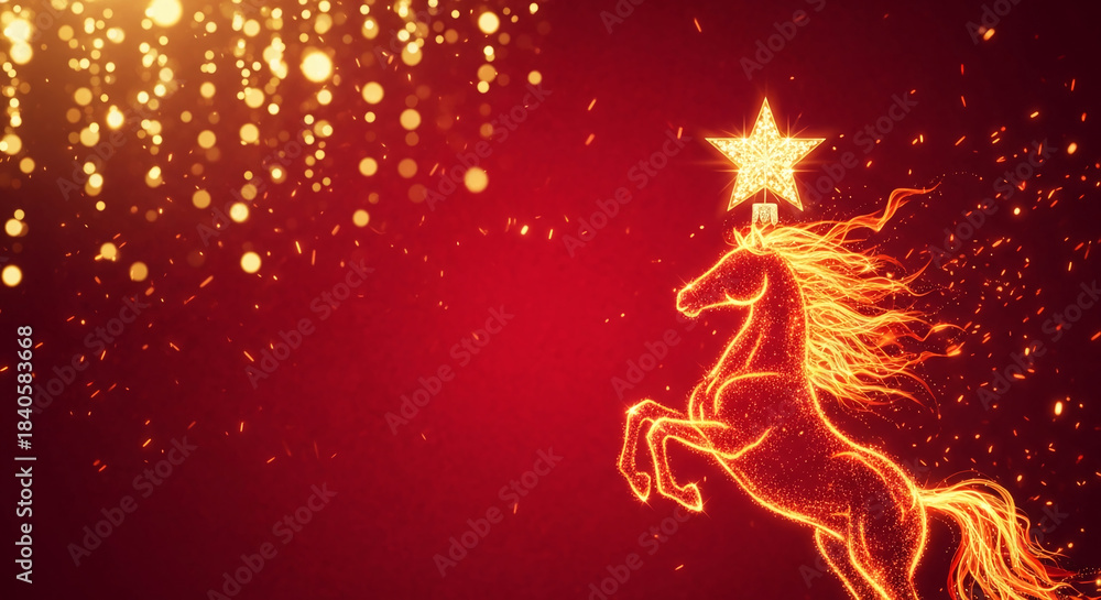 Fototapeta premium Glowing horse figure with a star ornament, sparkling on red backdrop, representing celebration, festive mood, and holiday spirit, with free space