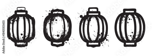 Four black ink brush stroke lanterns featuring a textured, hand-drawn style, symbolizing traditional Asian festivals and cultural celebrations.