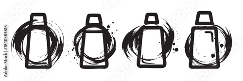 Four abstract cosmetic bottles with expressive brushstroke designs creating a modern and artistic packaging concept for various beauty products and toiletries.