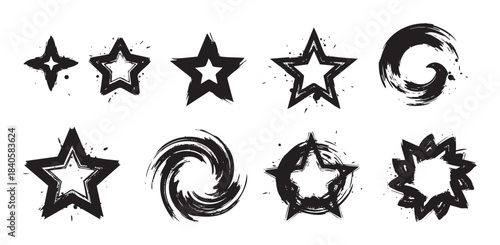 Various black ink brush stroke star and circular shapes showcasing a collection of grunge, hand-drawn, and artistic design elements with splatters.