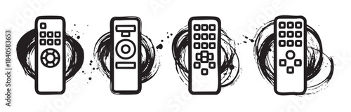 Four stylized remote controls with various button layouts are depicted in a modern black and white graphic illustration with artistic brushstrokes.