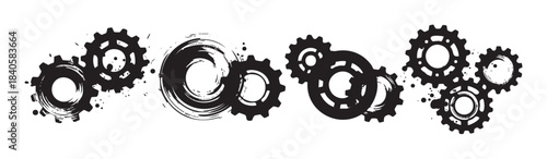 Gears and cogs illustrate mechanical connection, industrial process, and teamwork concepts with a dynamic grunge and brushstroke artistic style.