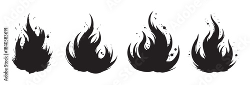 Fire flame icons set black stylized with grunge texture and ink splatters, representing heat, energy, and danger in a modern graphic design.